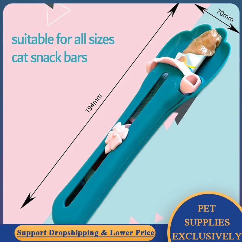 Pet food scoop dispenser with long silicone tubing and a set of five coloured nozzle heads on a green background.