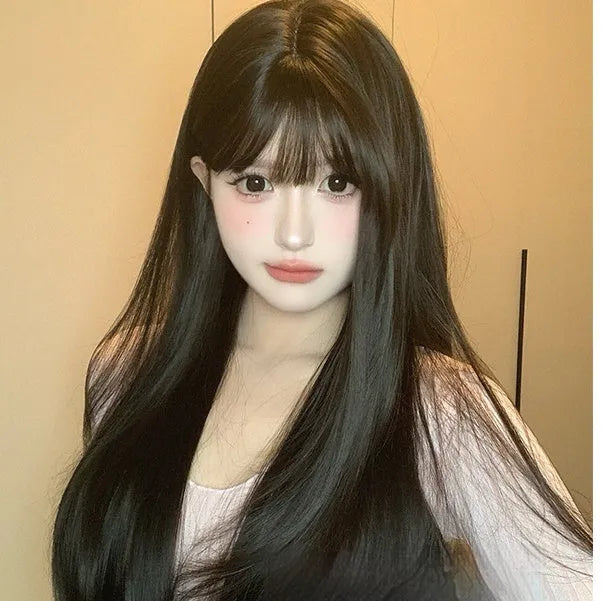 Dark brown long straight synthetic women's wig with bangs for round face shapes