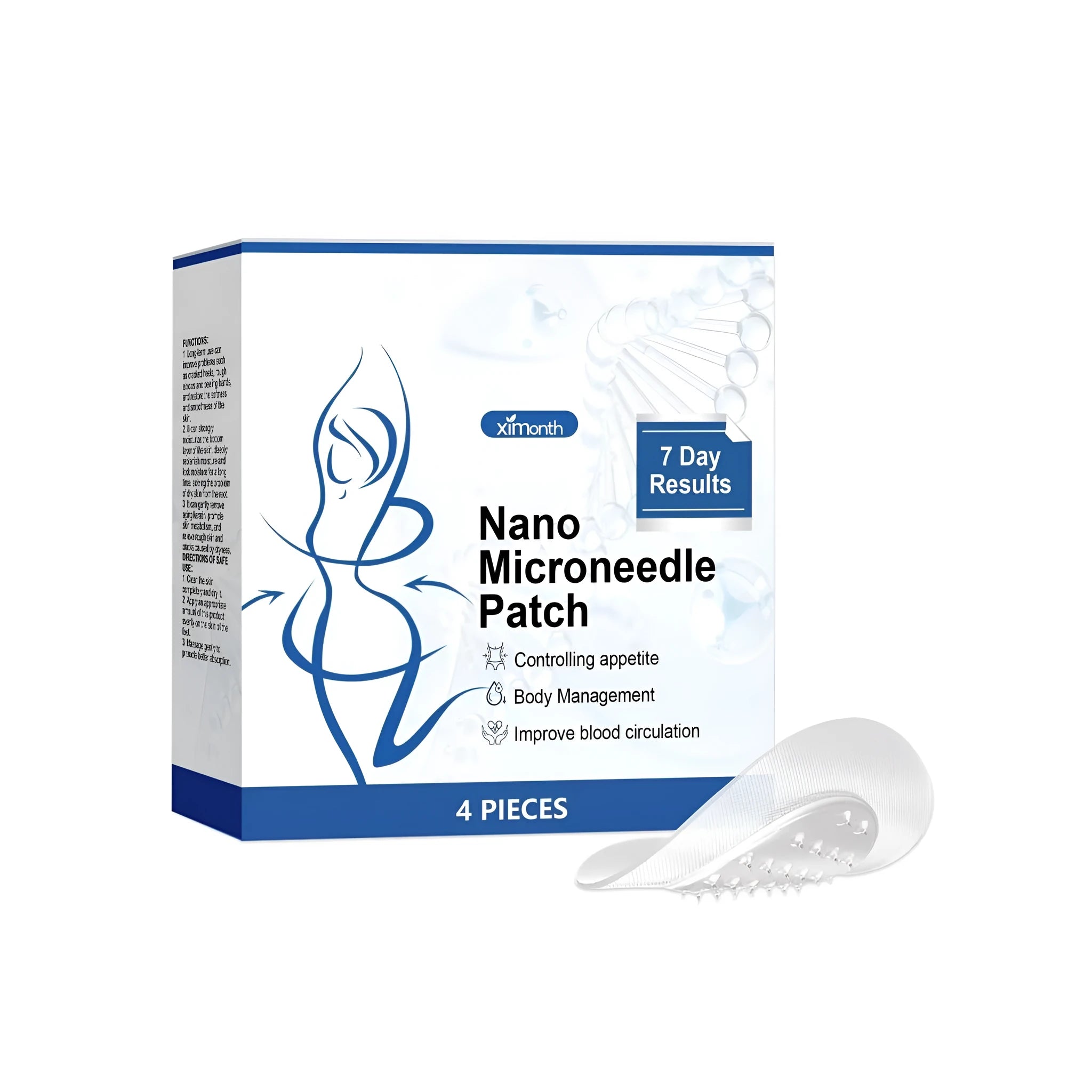 Four nano microneedle body shaping patches with cinnamon, ginger, and mugwort root ingredients.