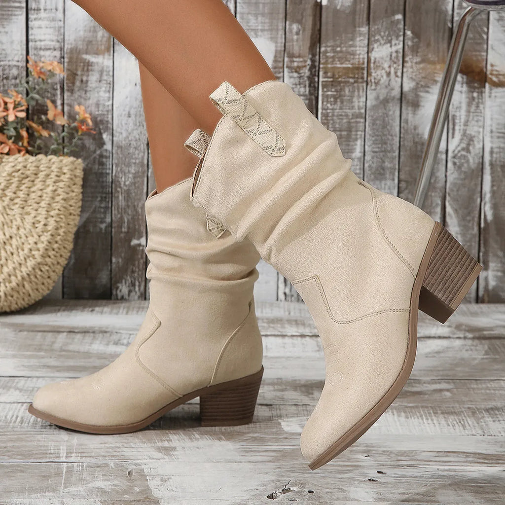 Plus size suede mid-calf boots with a short stout heel in Lotus Root colour.