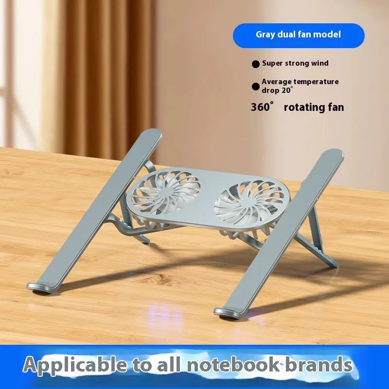 Aluminium alloy portable notebook stand with twin cooling fans in folded position