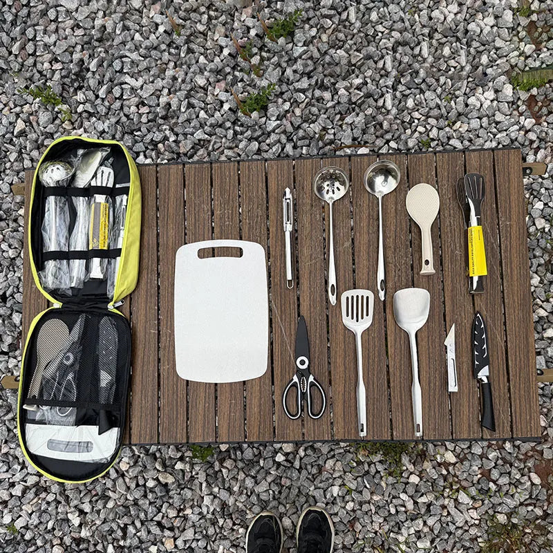 12-piece stainless steel picnic kitchenware set in storage bag