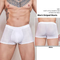 Men's striped transparent underwear in black, white and dark grey colours showing thin nylon fabric
