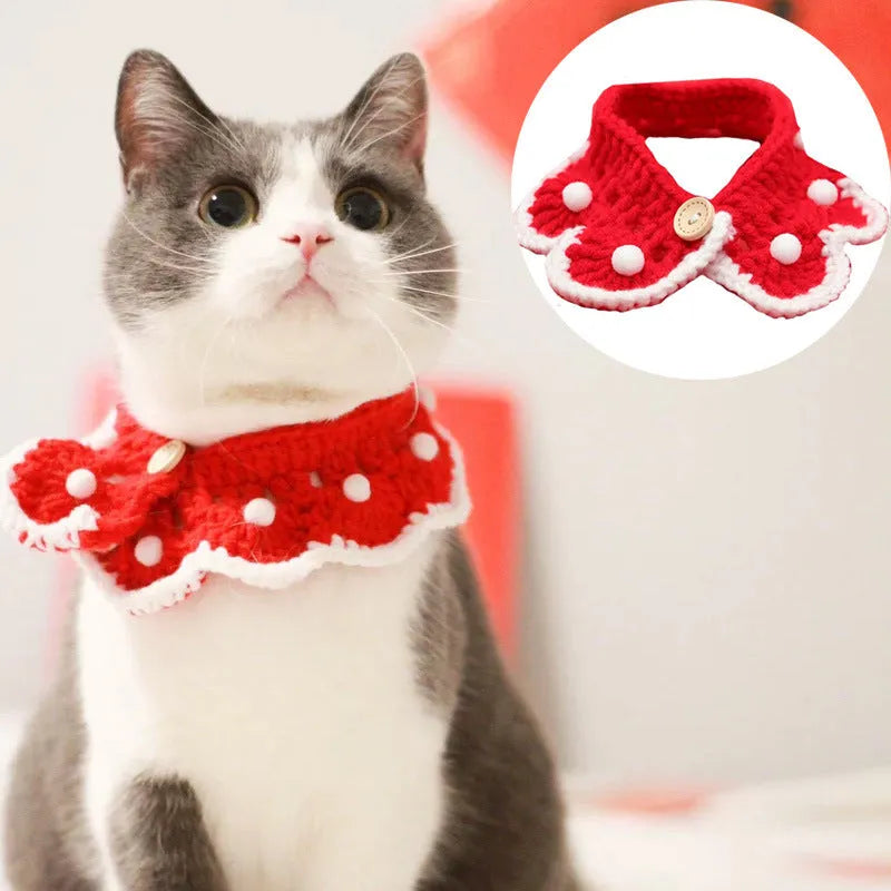 Wool knitted pet collar with cartoon pattern in milk cotton showing four size options for dogs cats rabbits