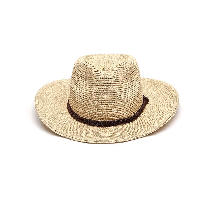 Men's foldable straw sun hat with wide brim in beige colour shown from side view