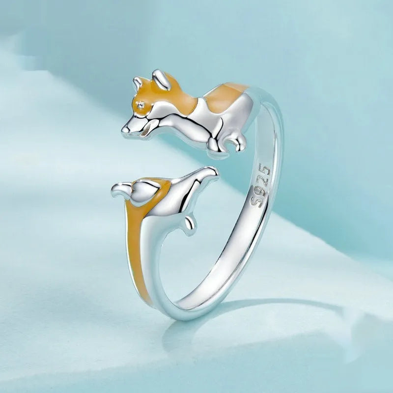 Silver electroplated corgi pet ring with cartoon design, model SCR1014E