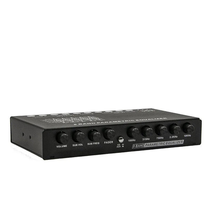 Black car audio EQ amplifier with control panel showing frequency knobs and channel indicators