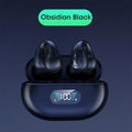 Bone conduction Bluetooth headset with ear clip in black, white, or khaki colour options.