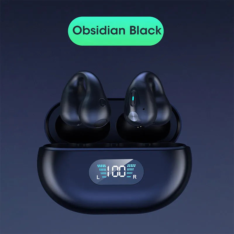 Bone conduction Bluetooth headset with ear clip in black, white, or khaki colour options.