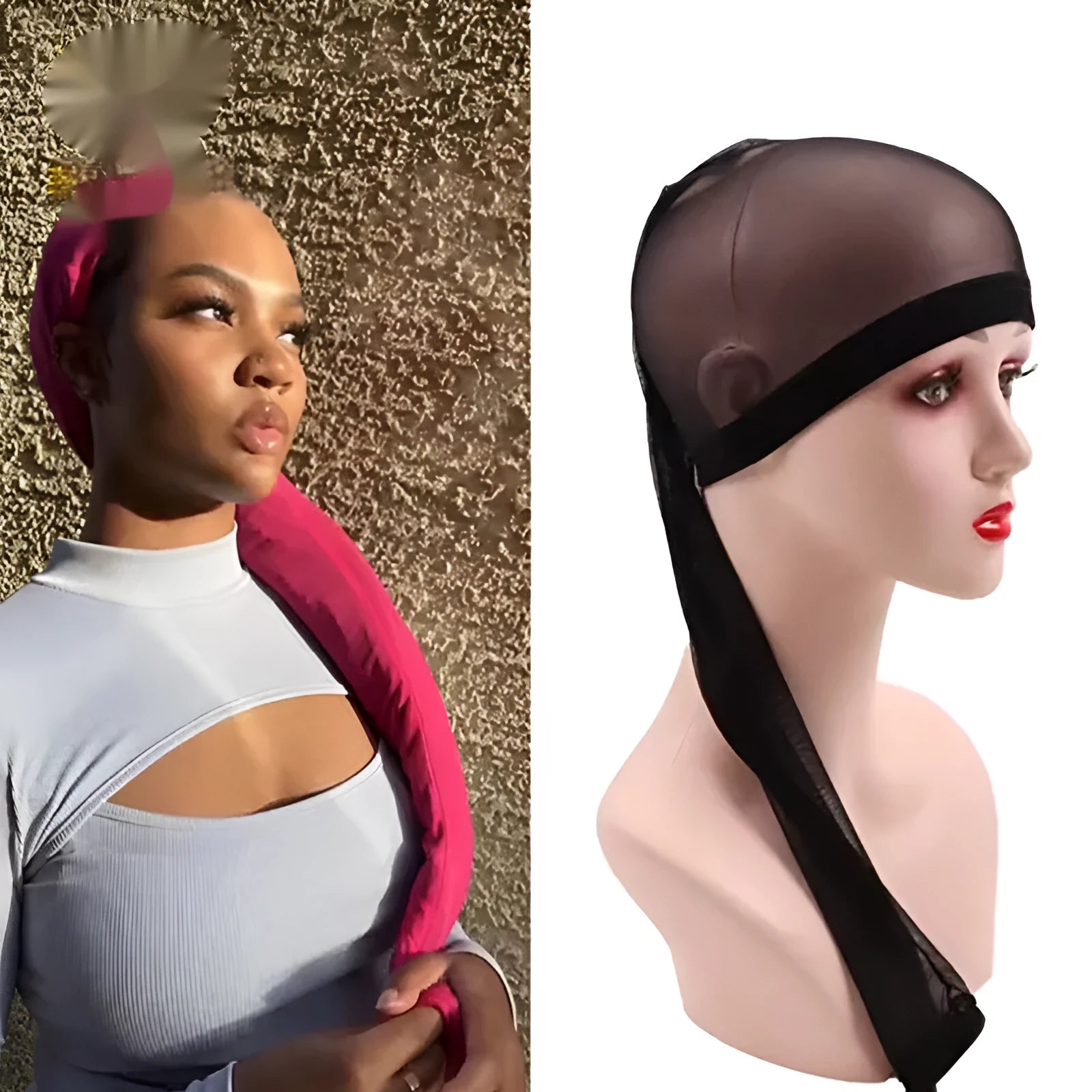 Elastic spandex wig mesh cap with oversleeve design shown in multiple colours including leopard print