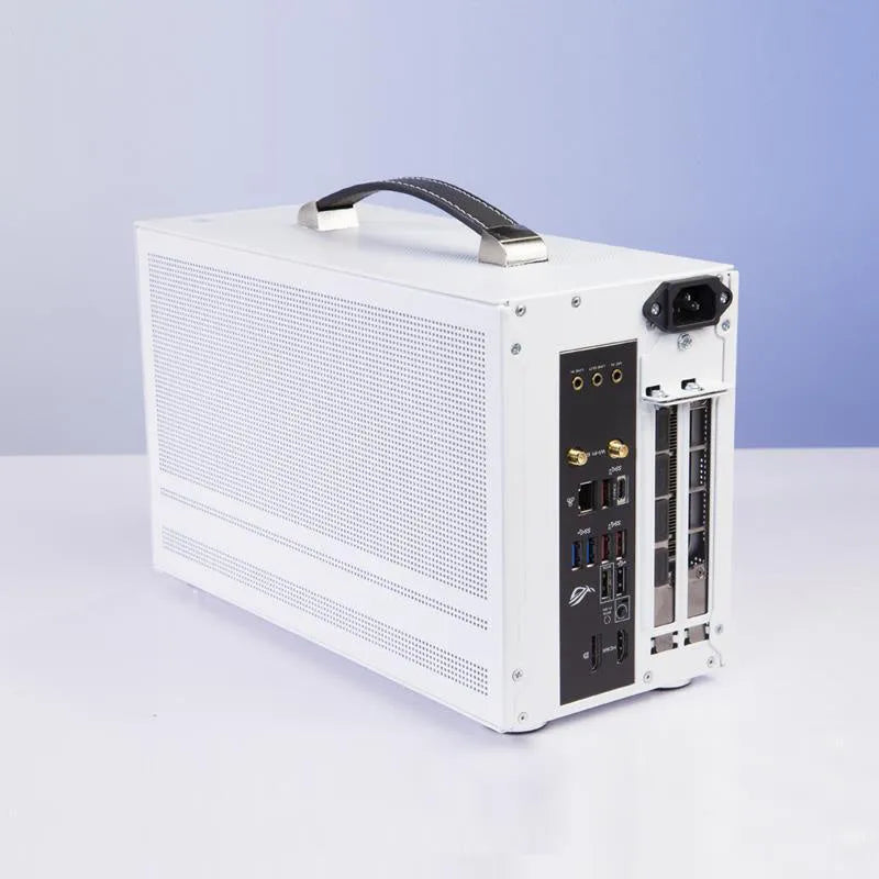 Hummingbird PRO ITX mini desktop computer case in titanium grey or white tinned steel.