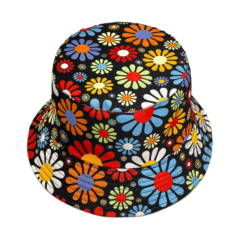 Floral print polyester bucket hat with dome crown in M size 56-58cm