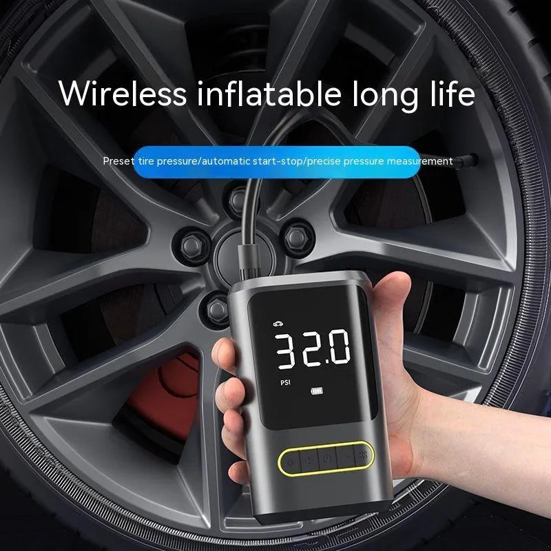 Handheld wireless digital display car tyre inflator with LED light and connection cables