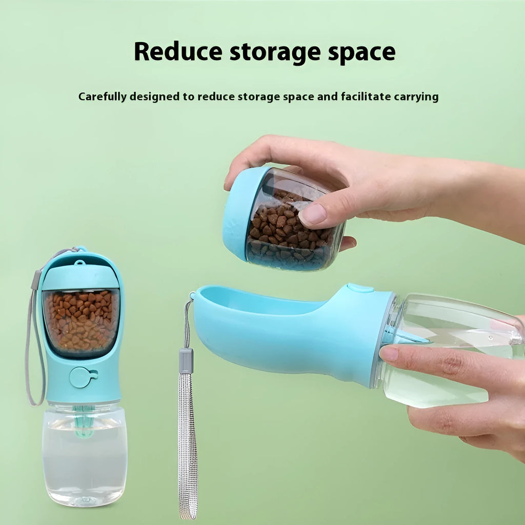 Blue portable plastic dog drinking cup with dual-use design for walks.