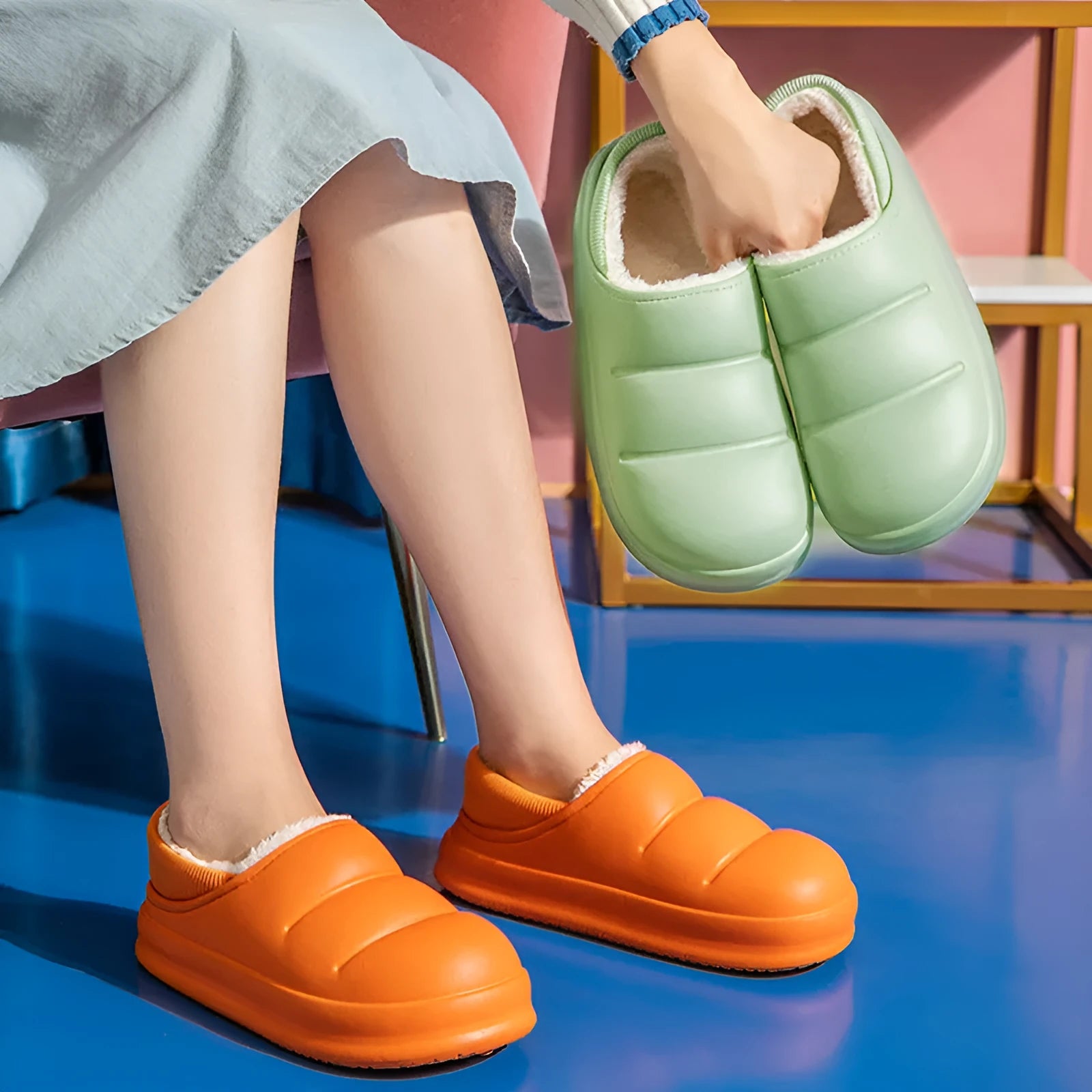 Women's waterproof EVA garden slippers in assorted colours with plush lining and non-slip soles.