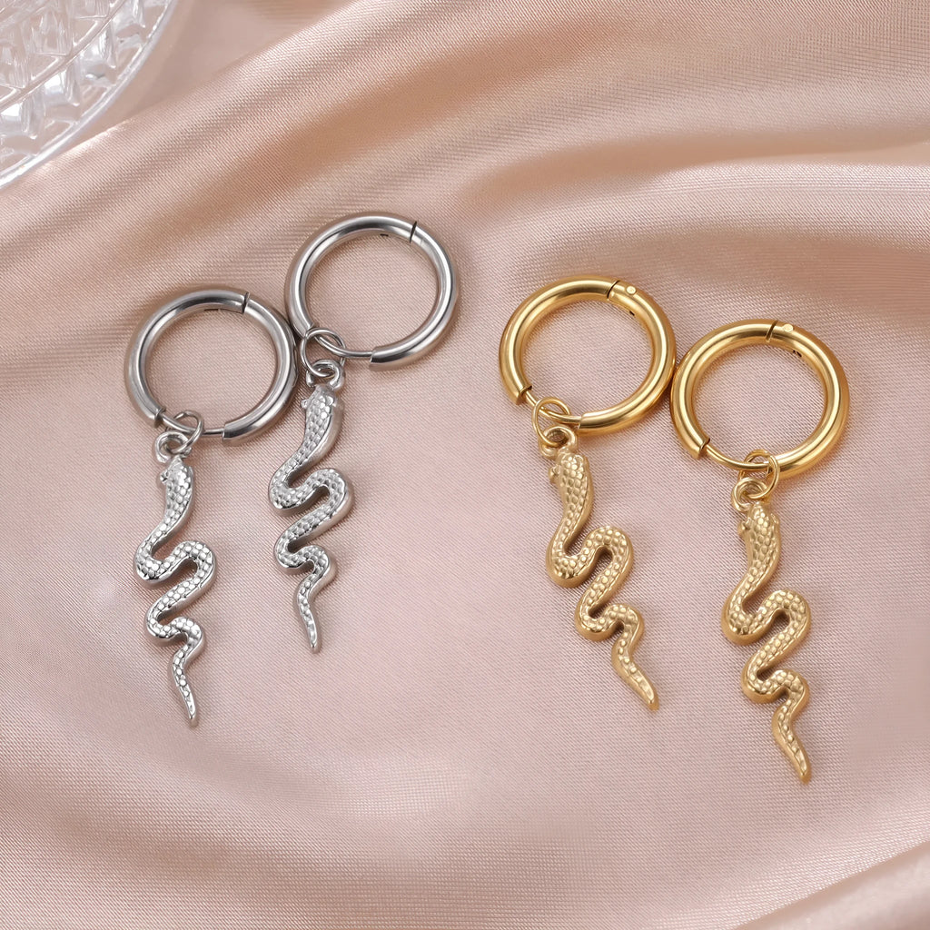 Snake-shaped vintage clip-on earrings in gold or steel colour on stainless steel