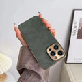 Leather texture TPU phone case for iPhone in grey, black, blue, and grey-green colours.