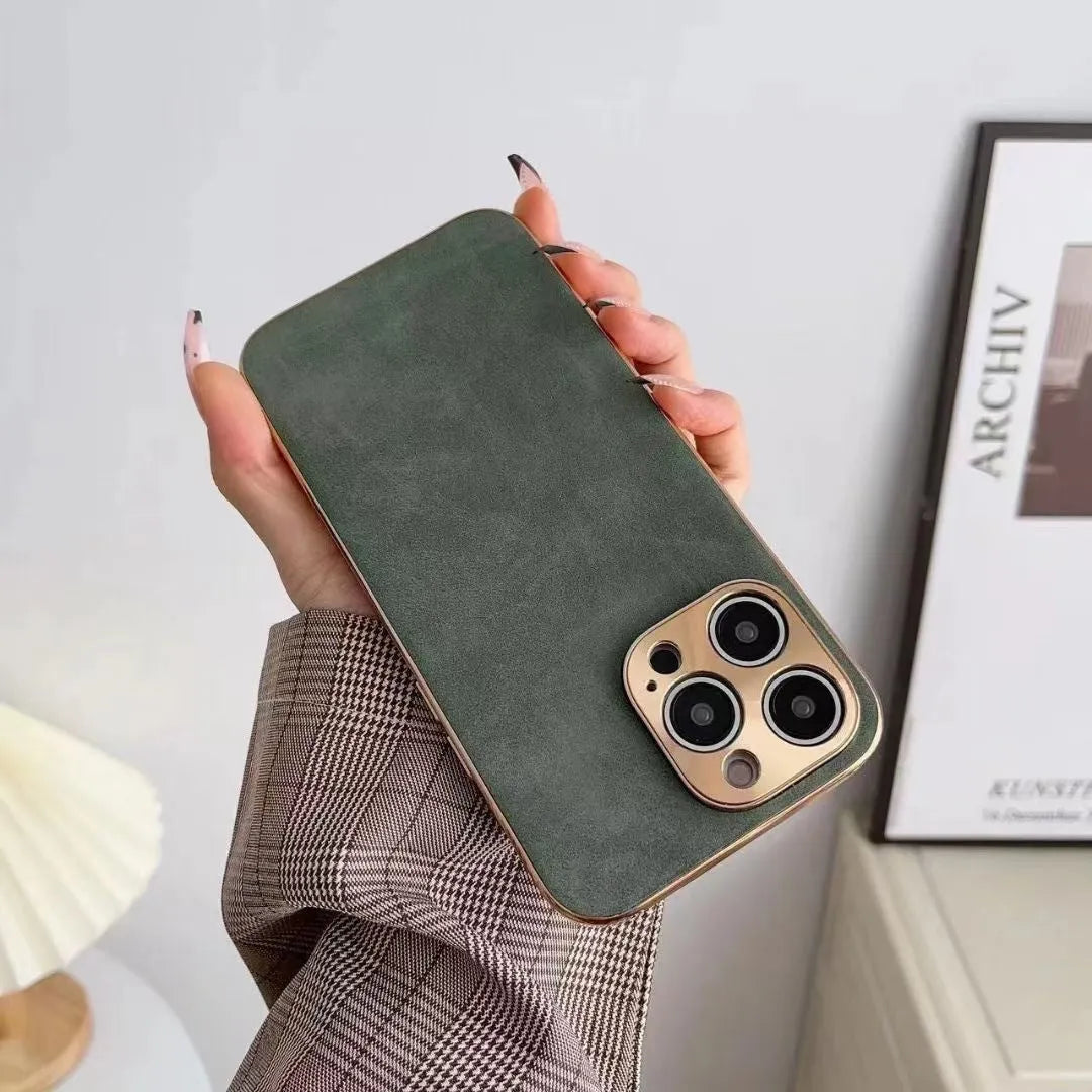 Leather texture TPU phone case for iPhone in grey, black, blue, and grey-green colours.