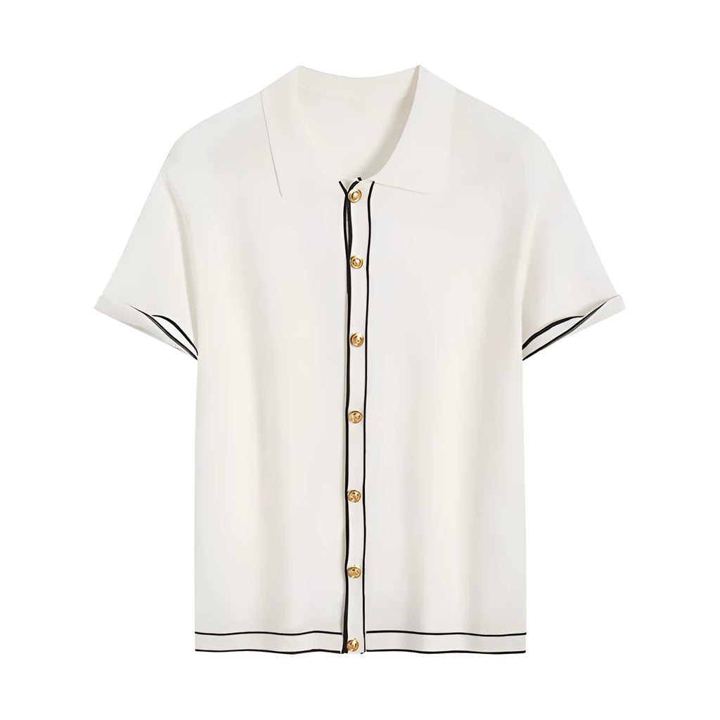 White short sleeve women's cardigan with dark contrast lapel collar, old money style.
