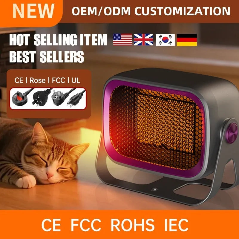Compact grey PTC ceramic desktop heater with rotatable body on a wooden desk