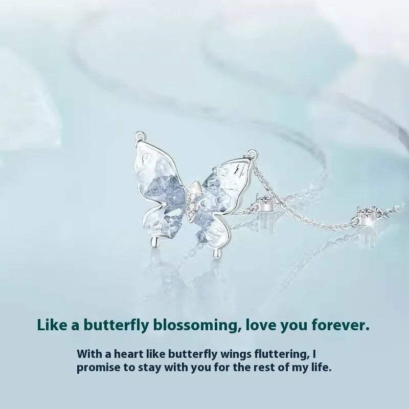 Bingyu butterfly necklace in 925 silver with ice rain pendant on adjustable O-ring chain
