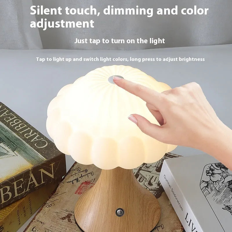 Mushroom-shaped touch control night lamp with USB charging in wood grain finish