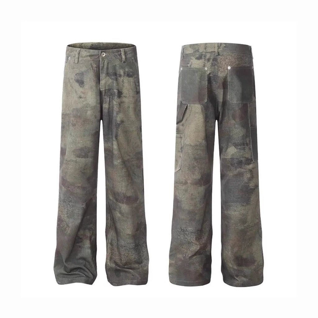 Men's straight-leg jeans with a retro digital camouflage pattern on blue denim.