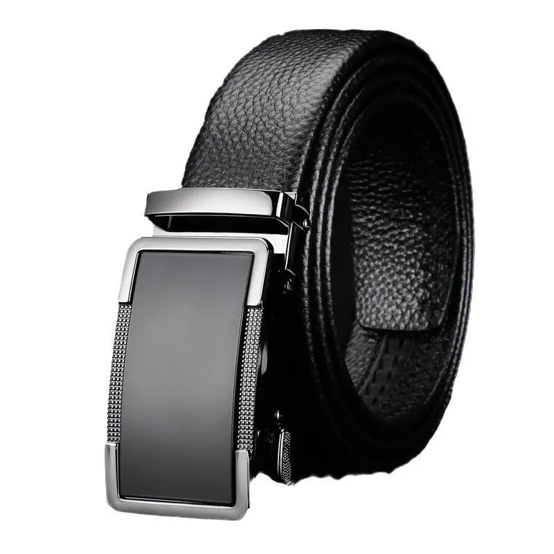 Men's leather belt with automatic buckle in gun black, silver, or gold colours