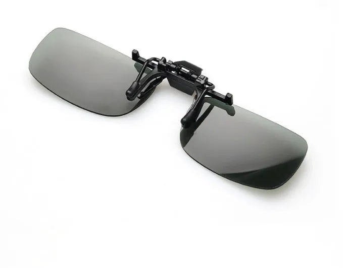 Plastic clip-on sunglasses attachment for prescription glasses, shown with dark green PC lens.