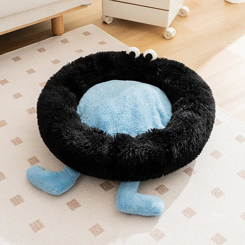 Blue plush pet bed with raised bolster edge, shown in a large size for dogs up to 15kg.