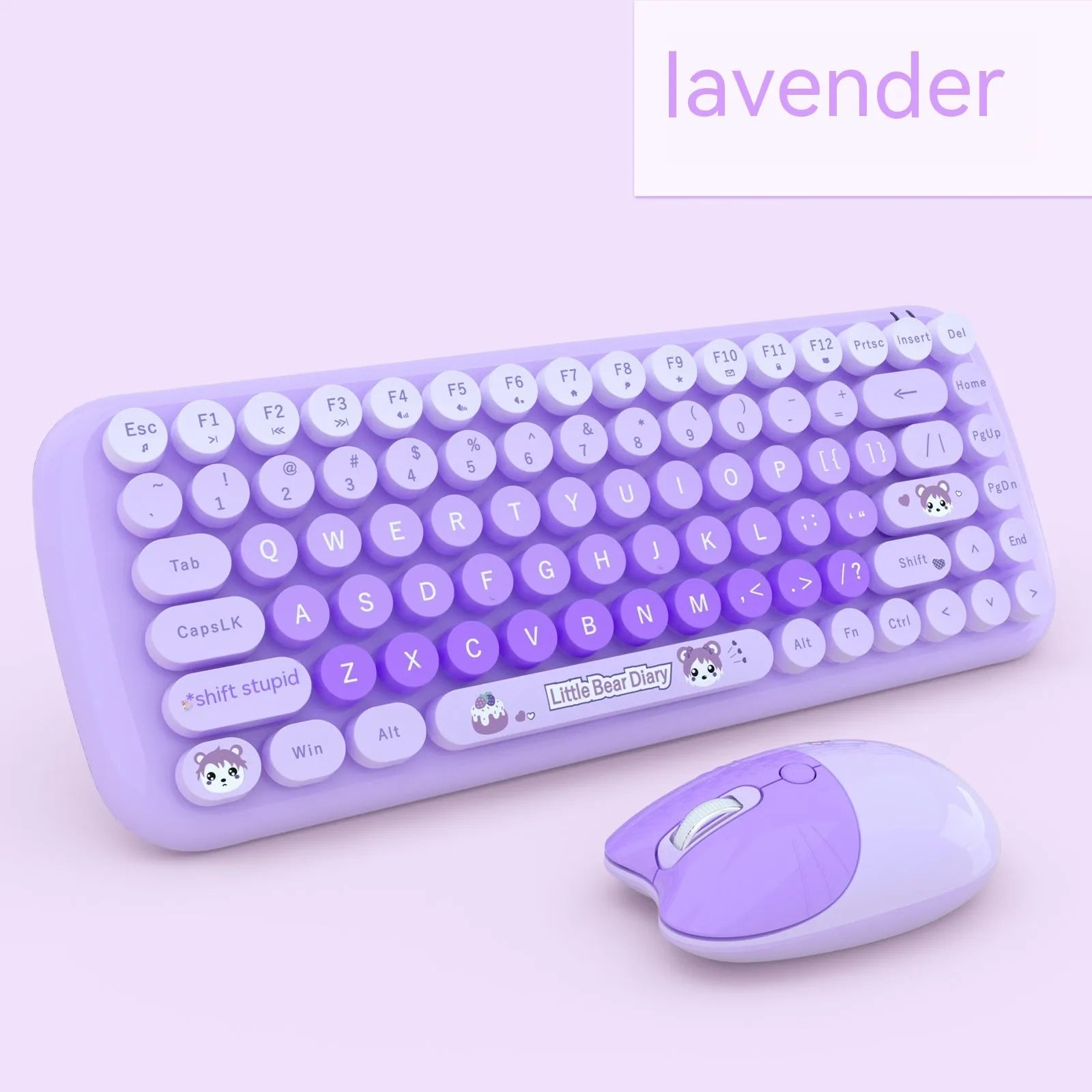 CANDY pink wireless cartoon keyboard and mouse set with receiver on a desk