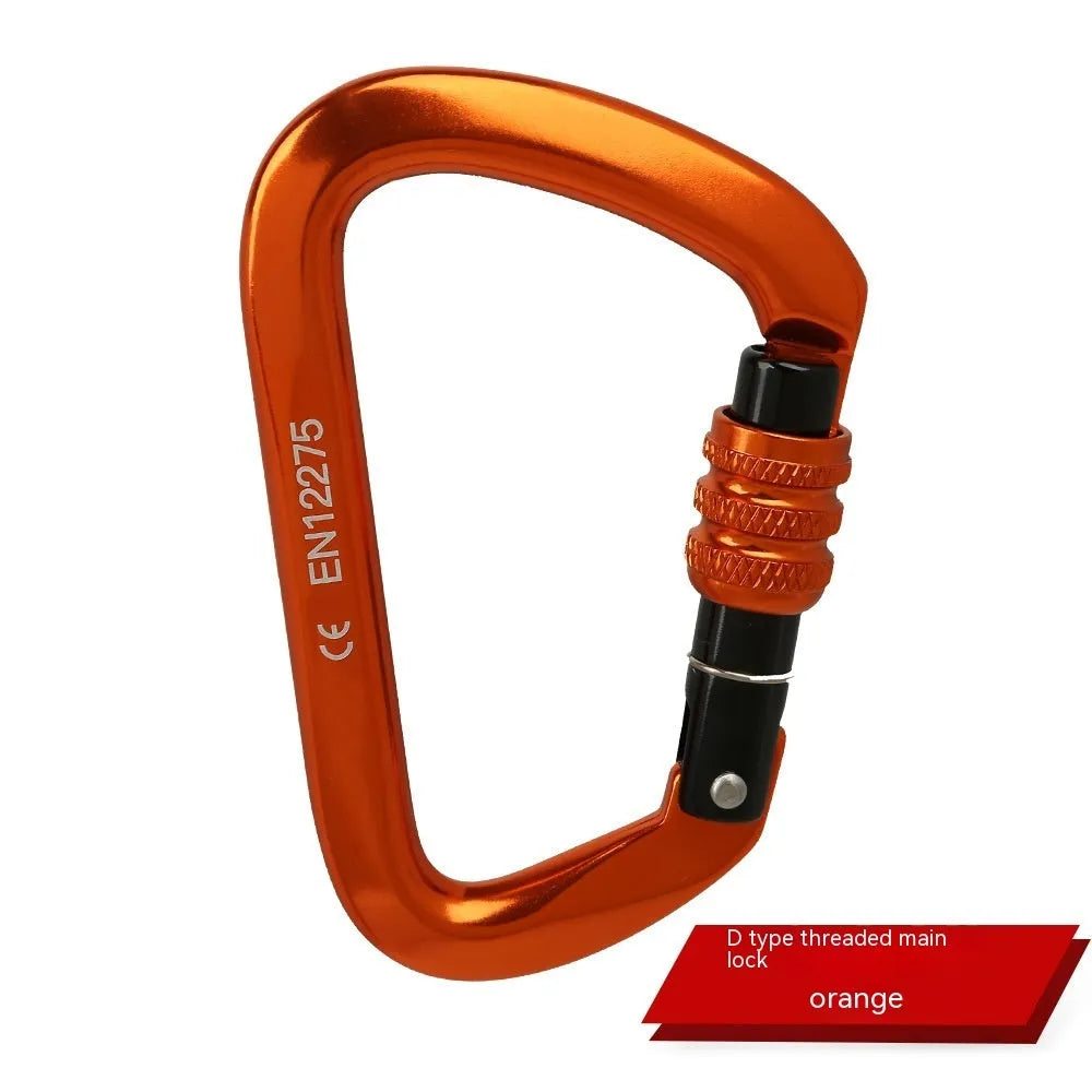 D-type metal climbing safety lock with a choice of automatic or threaded gate, shown in multiple colours.