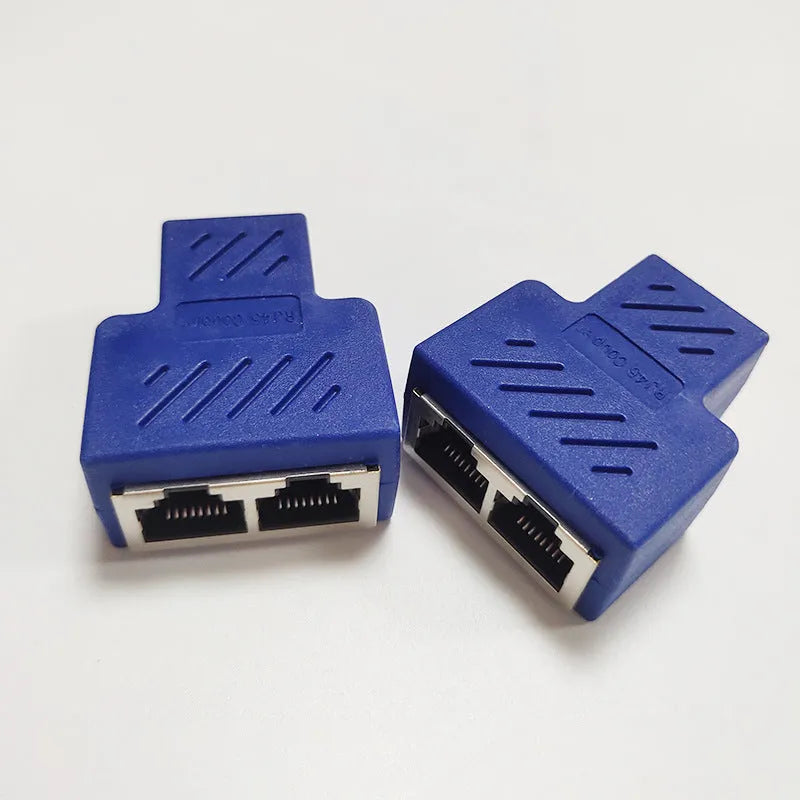 White RJ45 network cable splitter adapter dividing one Ethernet connection into two ports