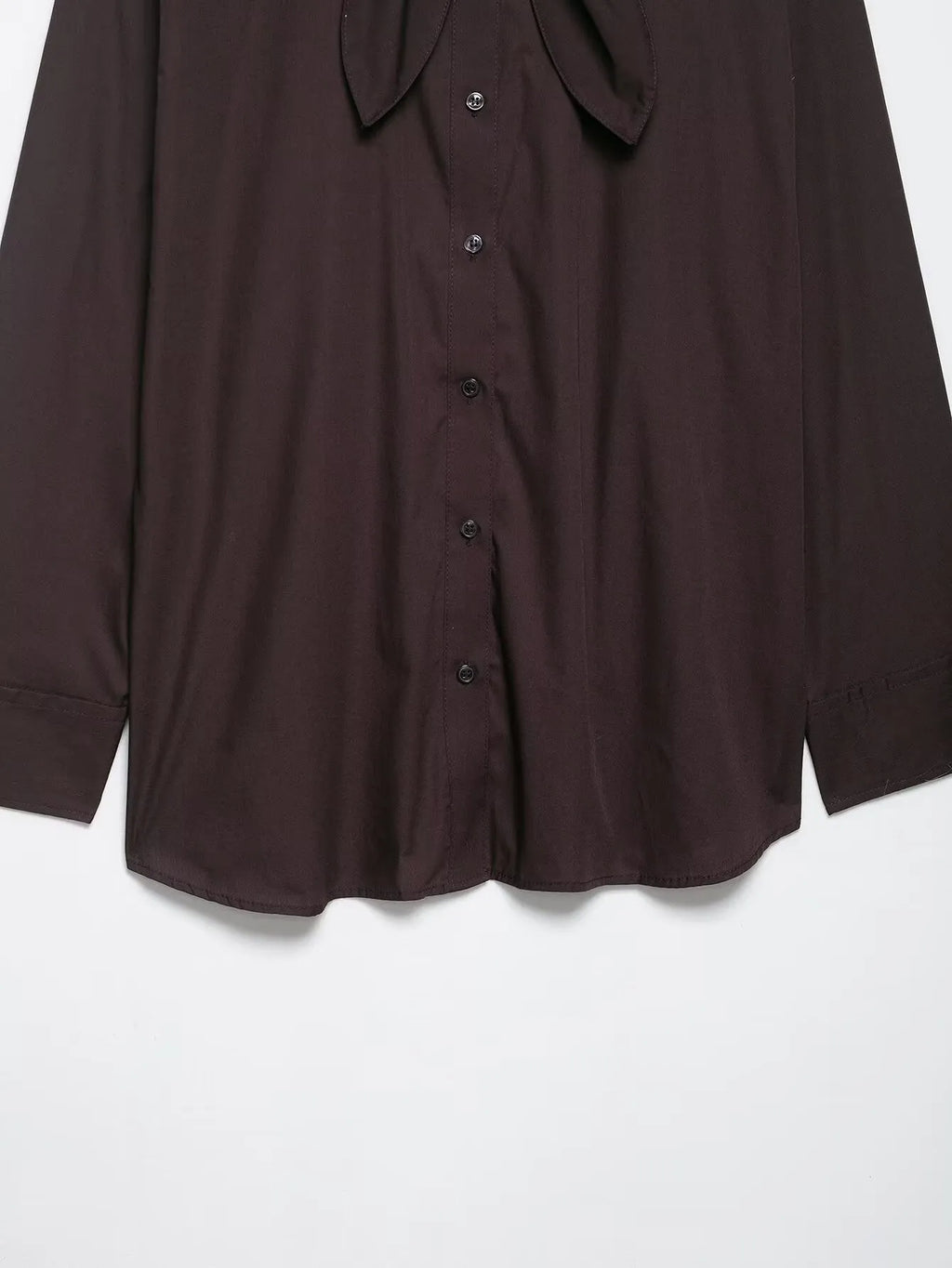 Brown women's polyester poplin shirt with long sleeves and scarf bow tie detail