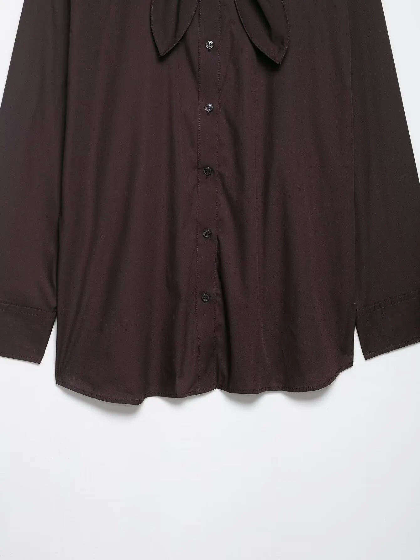 Brown women's polyester poplin shirt with long sleeves and scarf bow tie detail