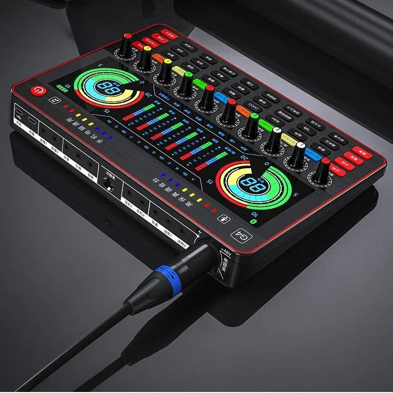 G4 professional audio sound card mixer with colour LCD screen, multiple knobs, and a microphone on a black background.