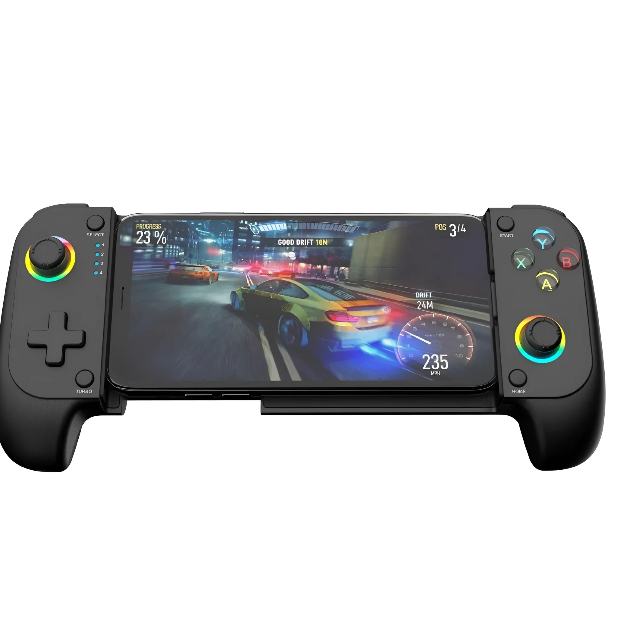 Bluetooth mobile game controller stretching handle accessory with smartphone in black red and blue colour