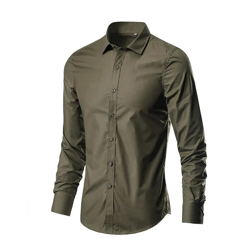 Men's slim fit long-sleeve linen shirt on a hanger, shown in a light grey colour with button front.