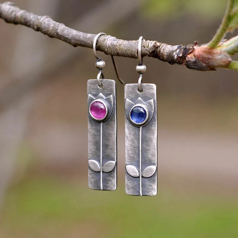 Antique finish red sapphire geometric drop earrings with ellipse pendant retro design