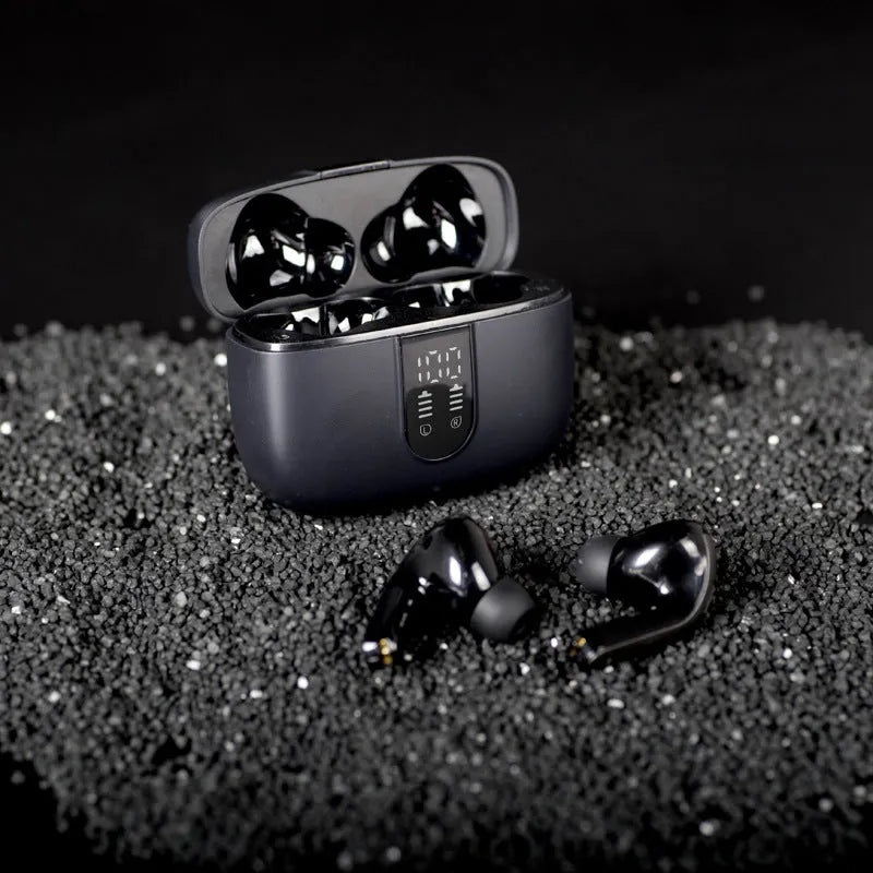 Jerry X08 wireless Bluetooth earbuds in charging case with digital display, in black colour.