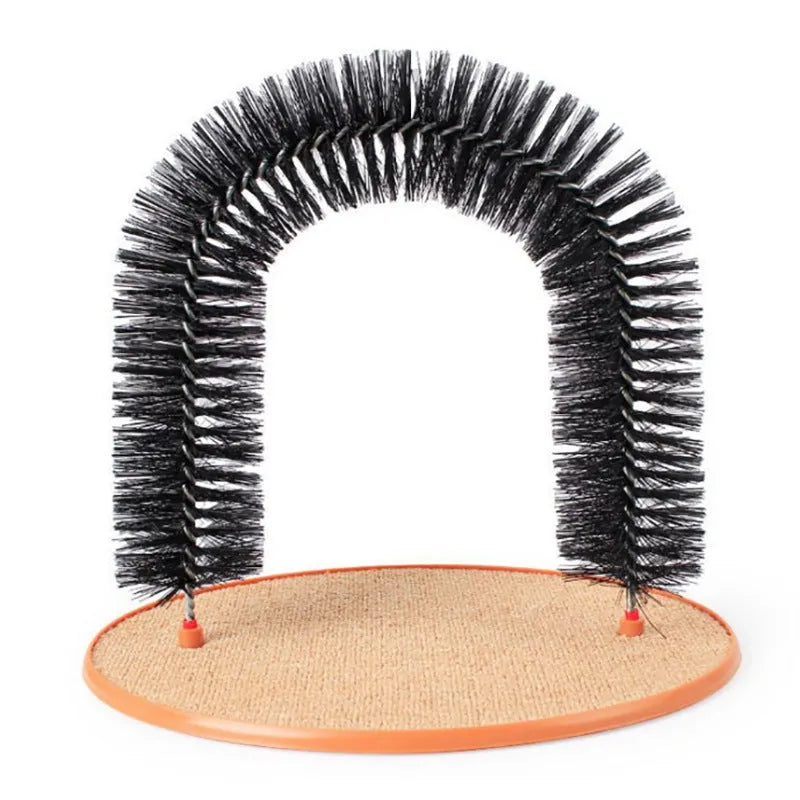 Arched plastic cat grooming station with built-in brush bristles for scratching and rubbing