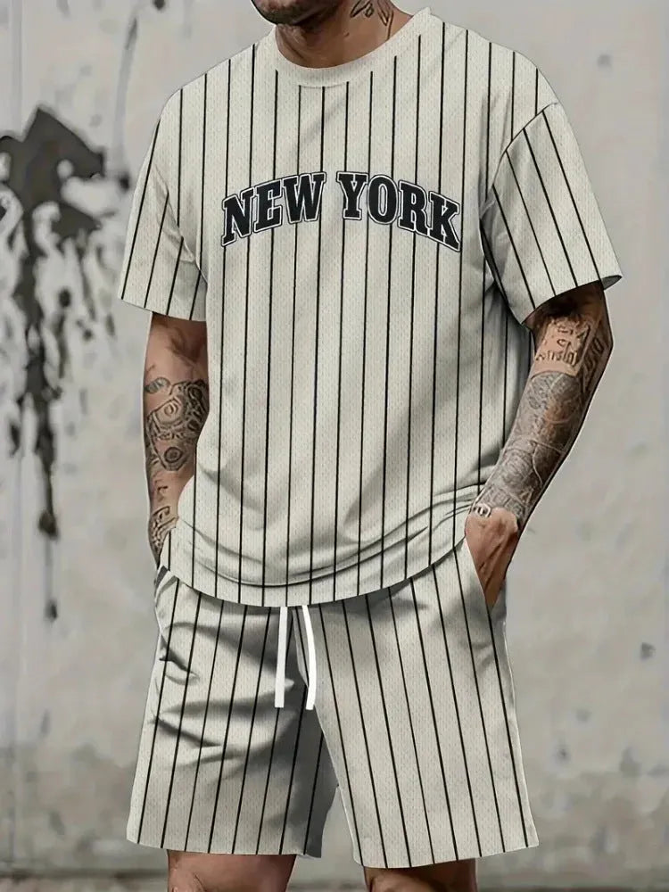 3D printed letter personality male suit set with short sleeve top and matching shorts in polyester