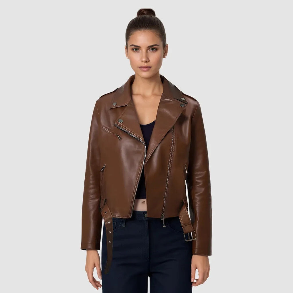 Women's black PU leather motorcycle jacket with lapel short belt, regular sleeves