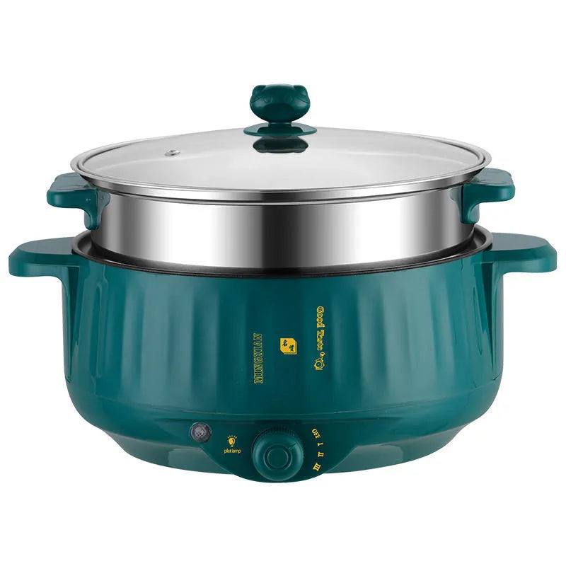 Stainless steel electric cooking pot with non-stick surface and anti-dry burn function in green or white colour