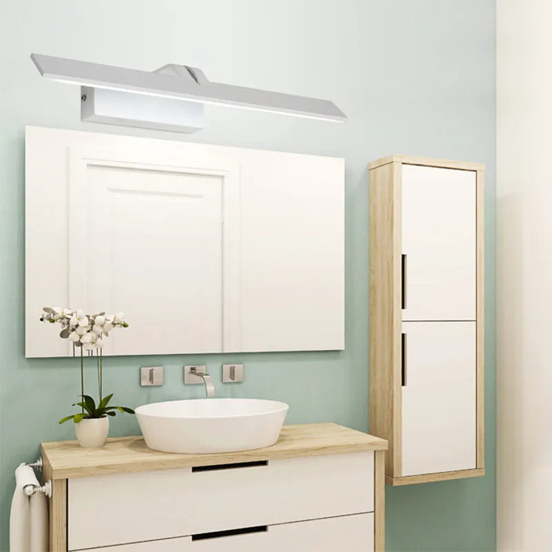 White rectangular LED mirror headlight with three colour light settings for bathroom or makeup use