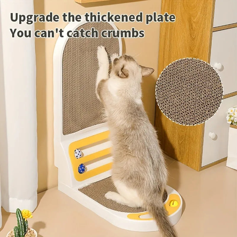 Grey L-shaped cat scratching board with vertical corrugated cardboard panel and sisal rope base.