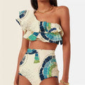White women's one-shoulder bikini with lotus leaf detail and high-leg split design