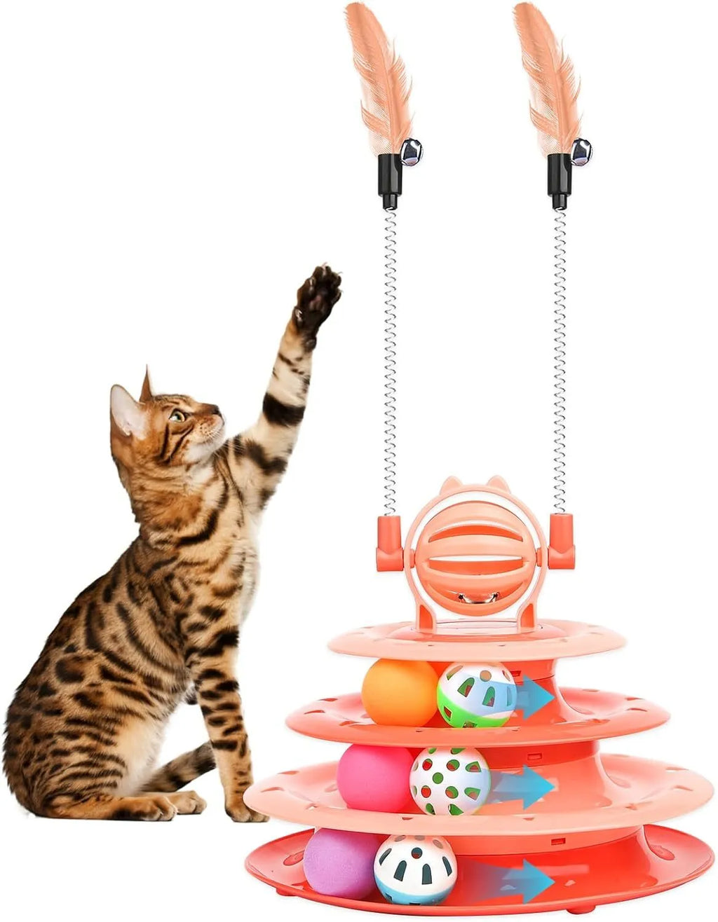 Blue 4-tier interactive cat puzzle toy with sliding balls and teasing rods on non-slip base