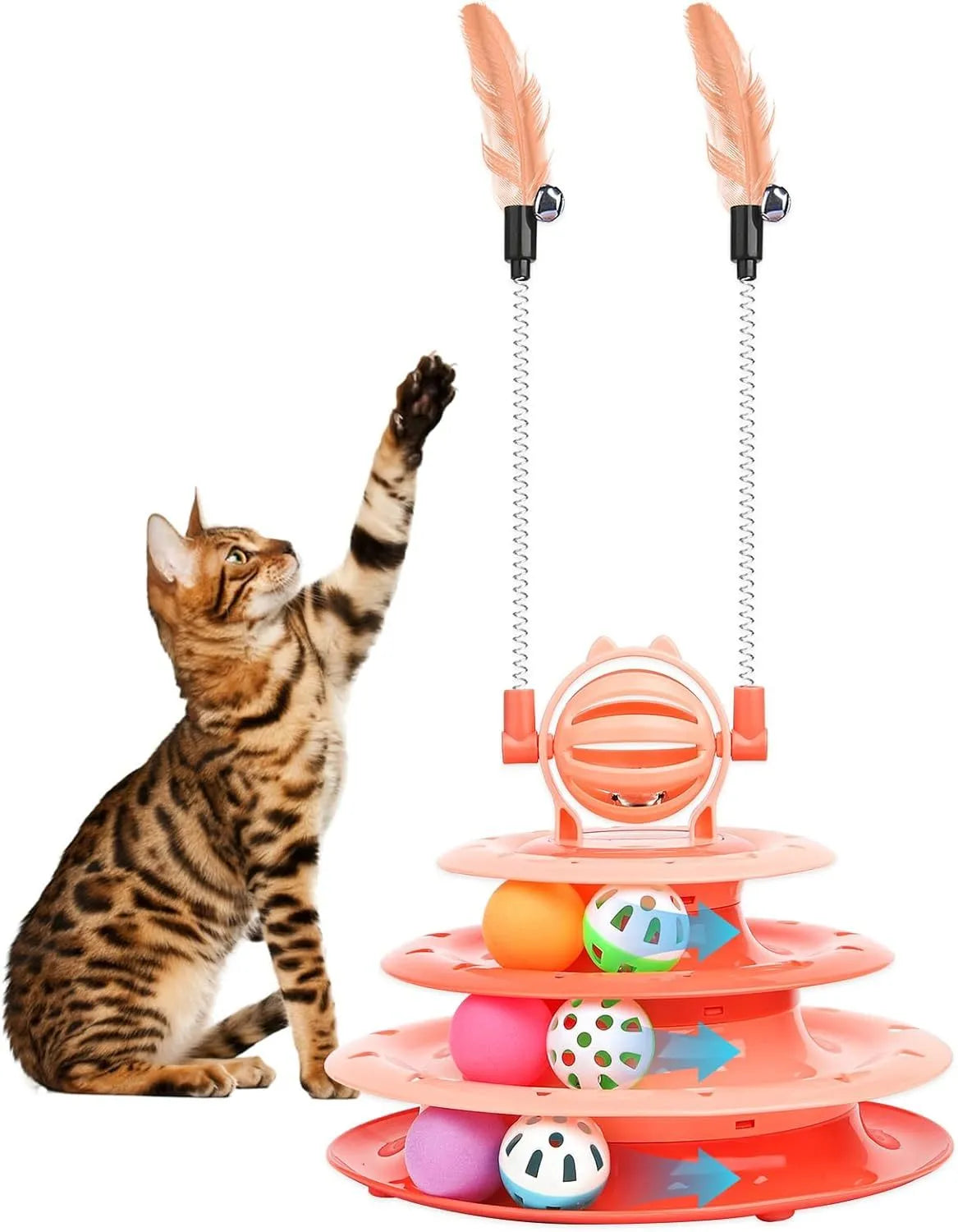 Blue 4-tier interactive cat puzzle toy with sliding balls and teasing rods on non-slip base
