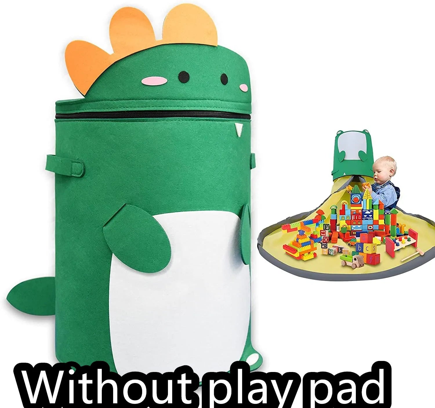 Green felt cube storage bag with pull rope laid flat as play mat for toy organisation